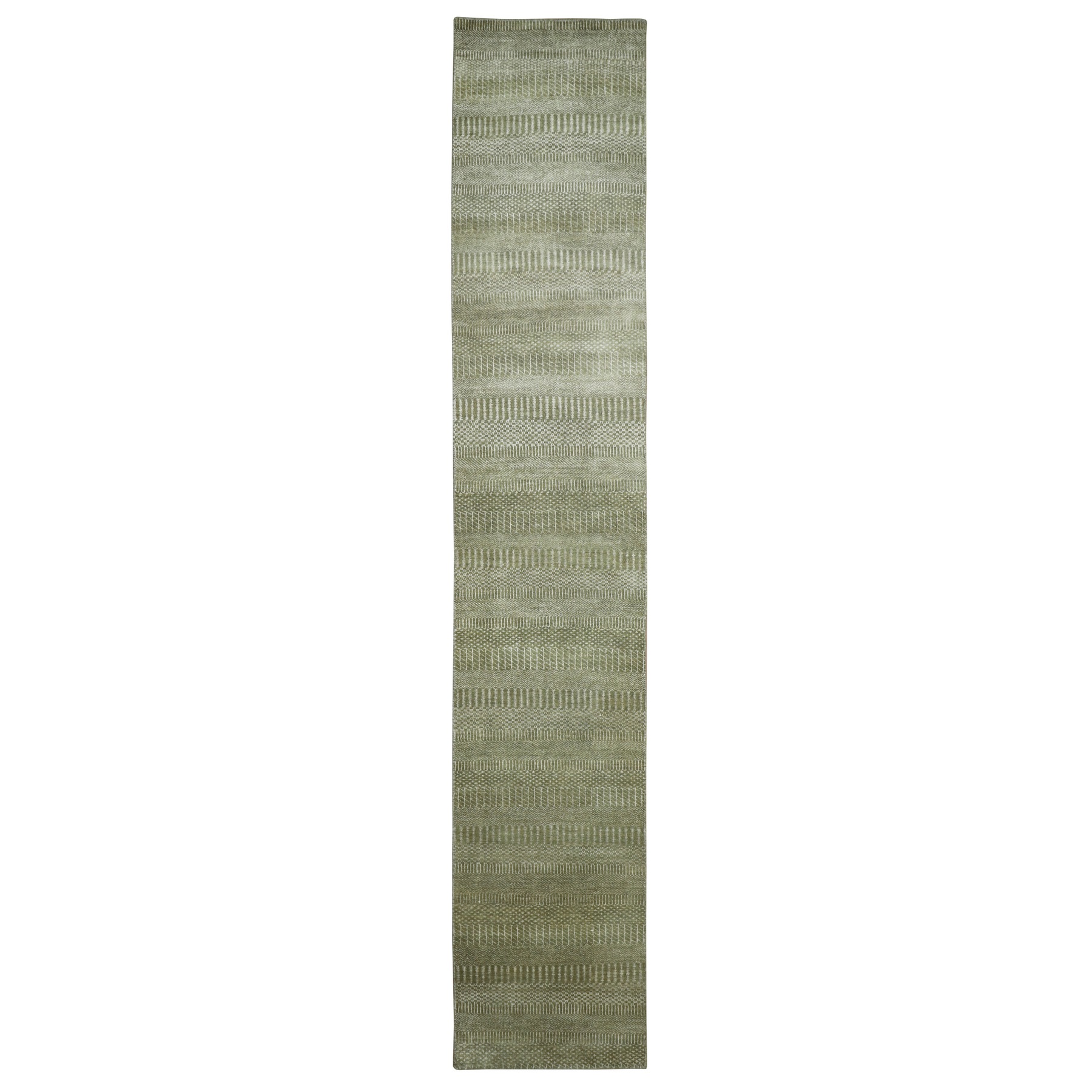Olive Gray, Denser Weave, Modern Grass Design, Hand Knotted, Wool and Silk, Lush and Plush, Runner, Oriental Rug